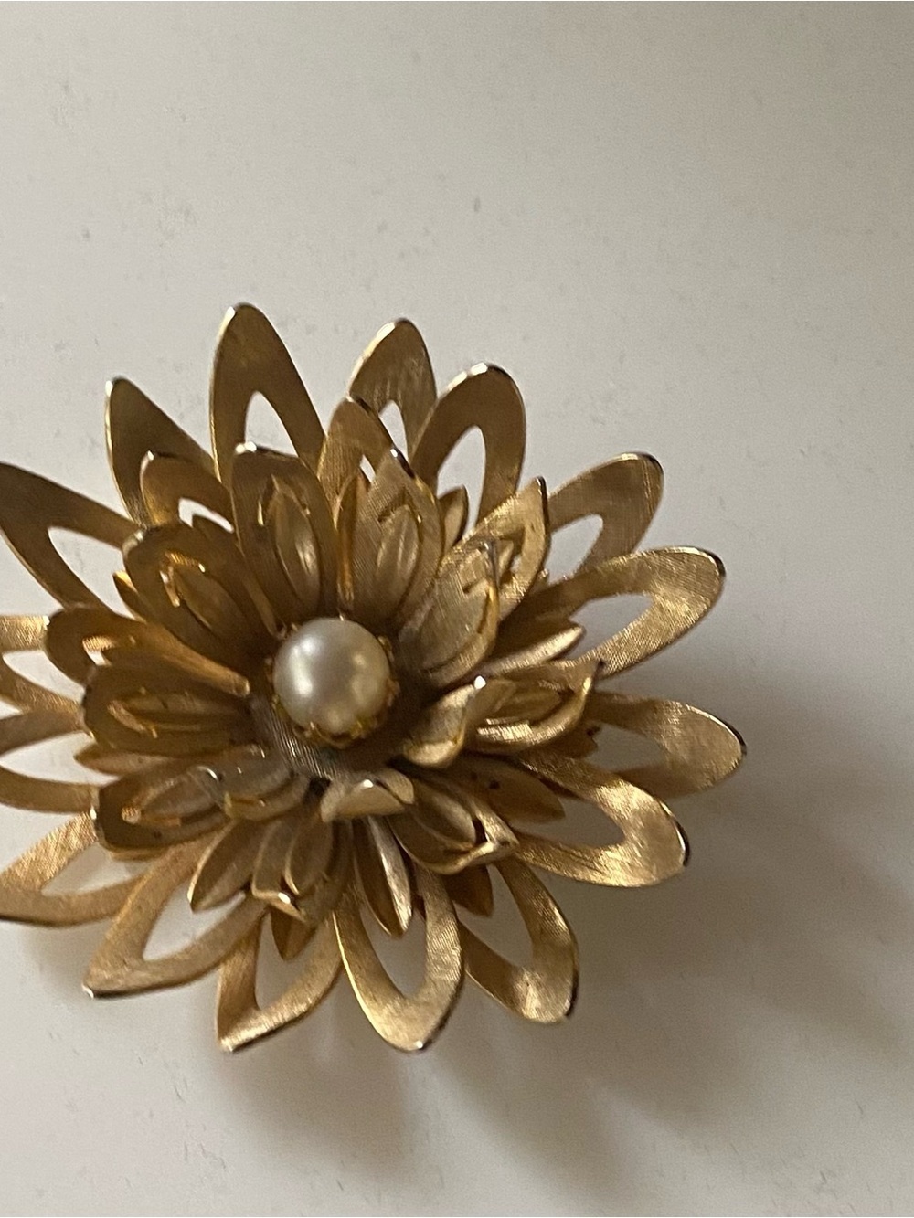 Stamped Emmons Jewelers Gold Floral Brooch with Faux Pearl Center